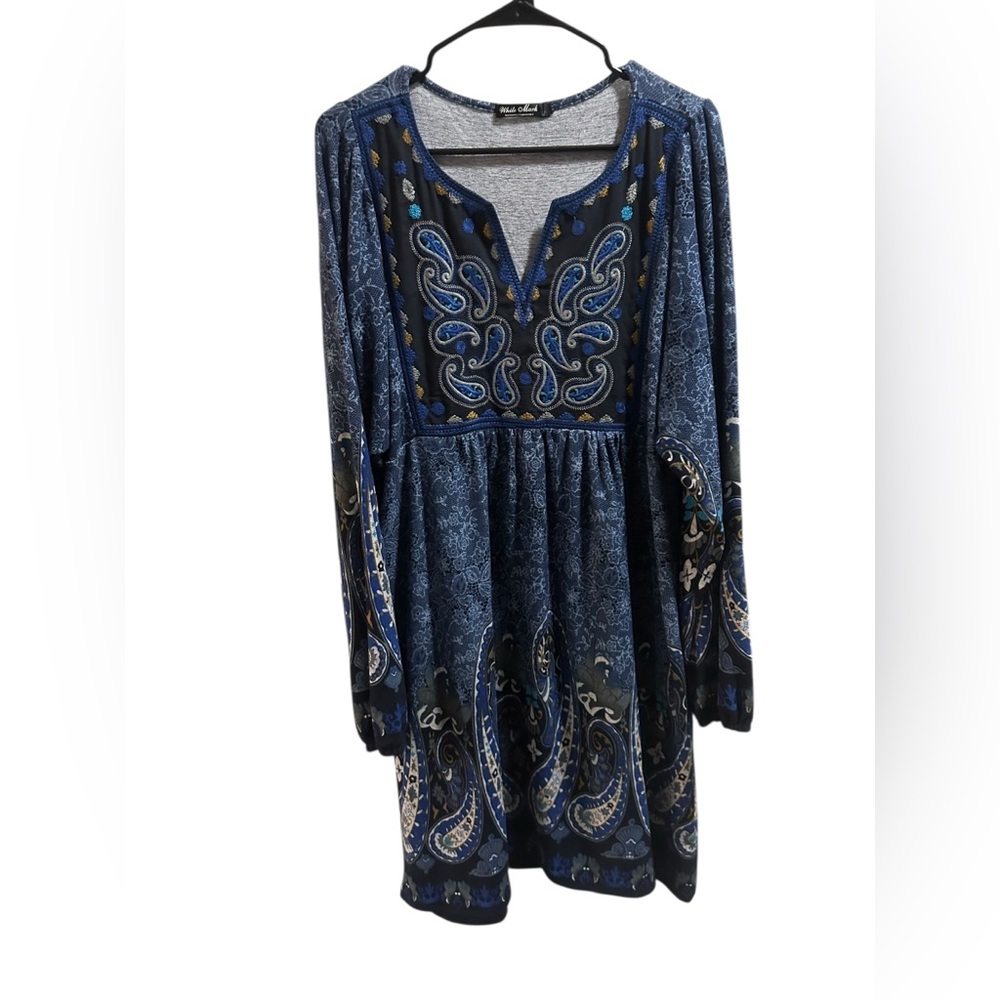 White Mark Blue Paisley Long Sleeve Dress